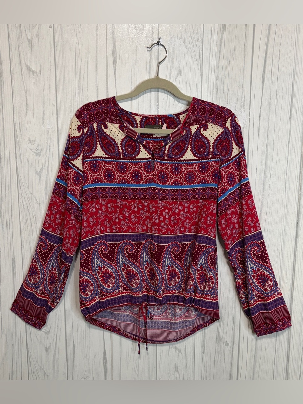 CROSBY Patriotic Paisley Hi-Lo Cinched Waist Long-Sleeve Peasant‎ Top, Small